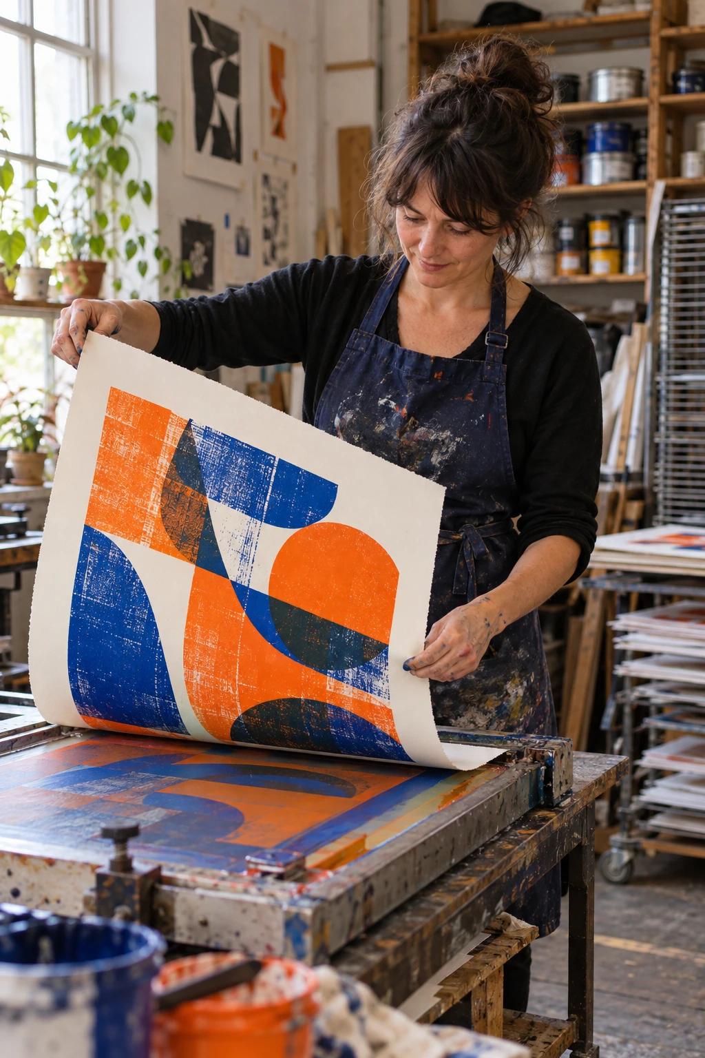 Printmaker lifting a vibrant orange and blue screen print