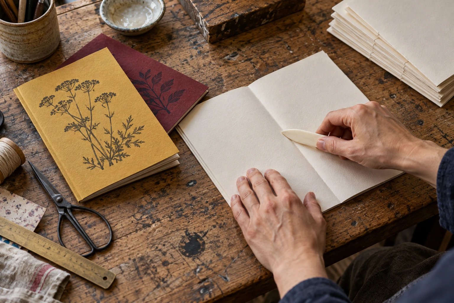 Hands folding a paper signature with a bone folder