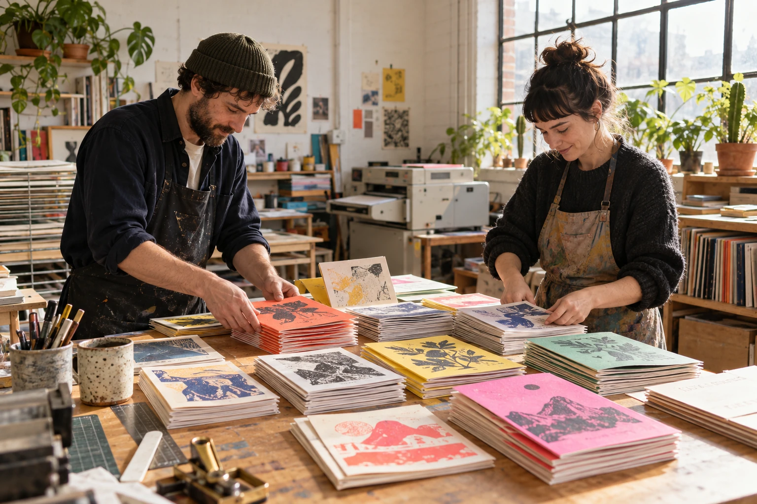 Two independent publishers arranging zines on a studio table