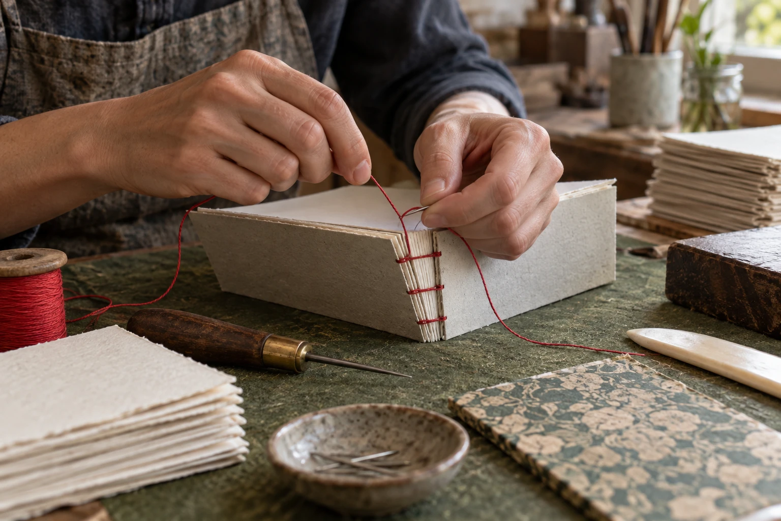 Hands sewing a booklet spine with red linen thread