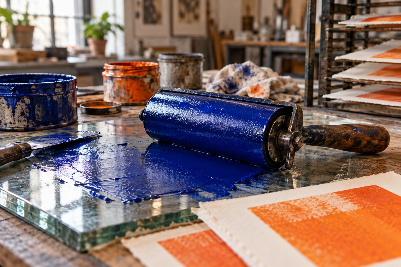 Cobalt ink roller and proof edges on a working print table