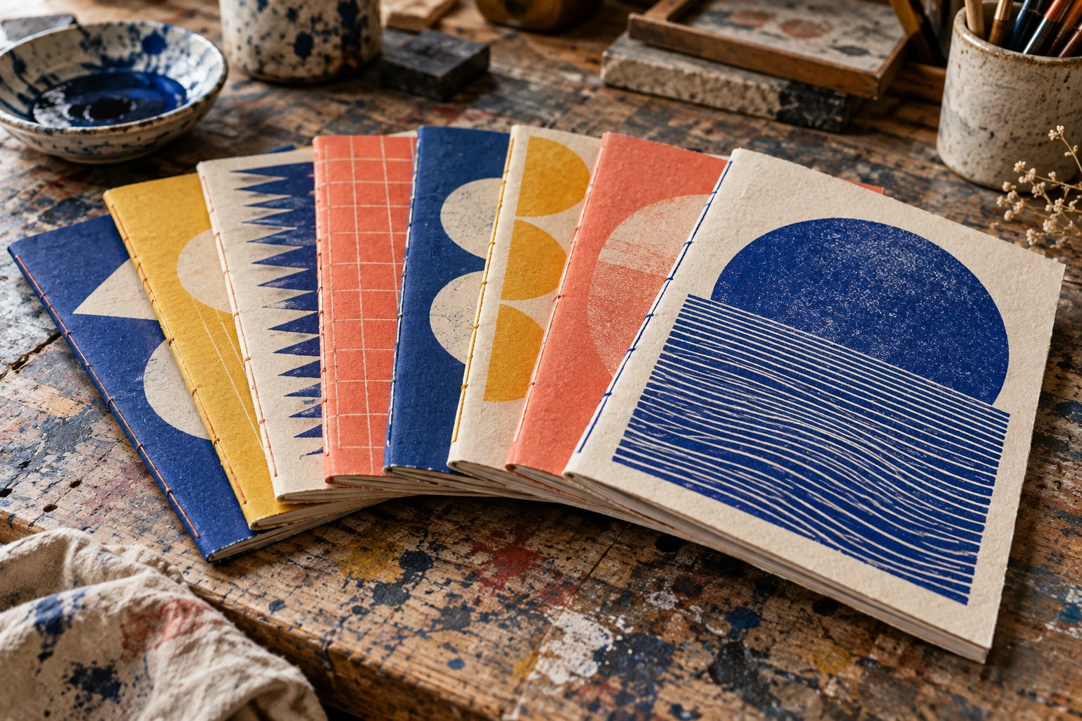 A fanned stack of handmade geometric-art zines