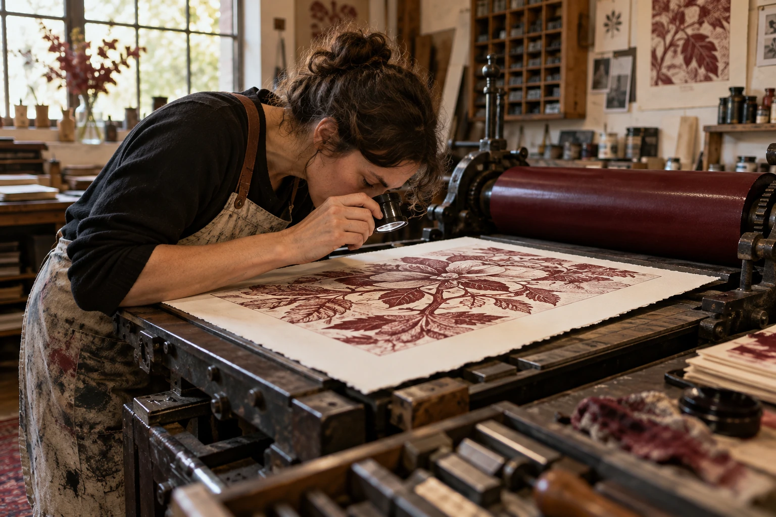 Designer examining a printed broadside at a proofing press