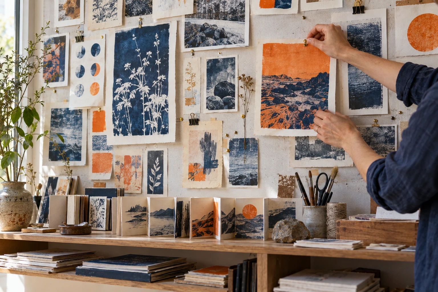 Studio pinboard filled with experimental print proofs
